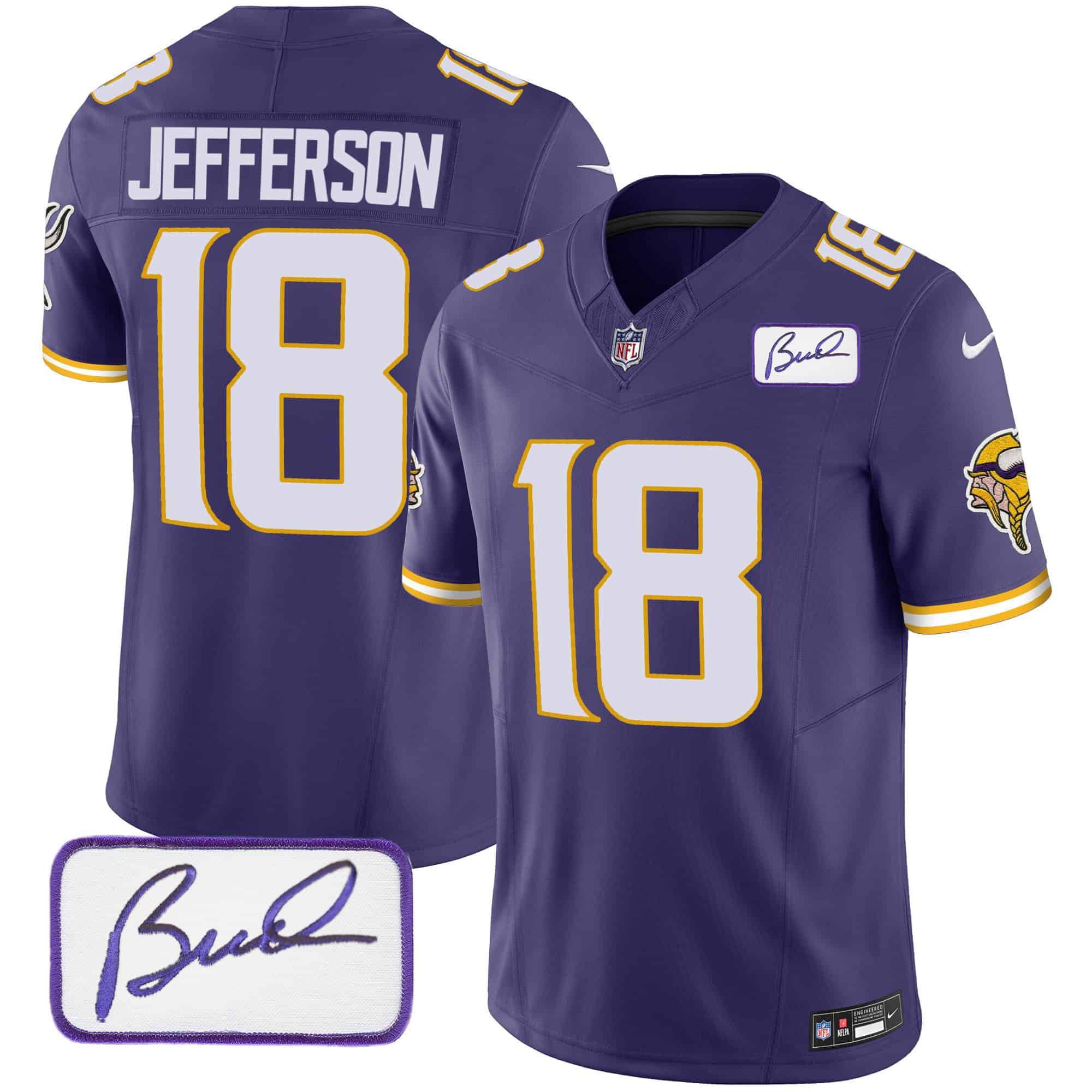 Men Minnesota Vikings #18 Jefferson Purple 2024 Nike Bud Grant Patch Classic Limited NFL Jersey style 3